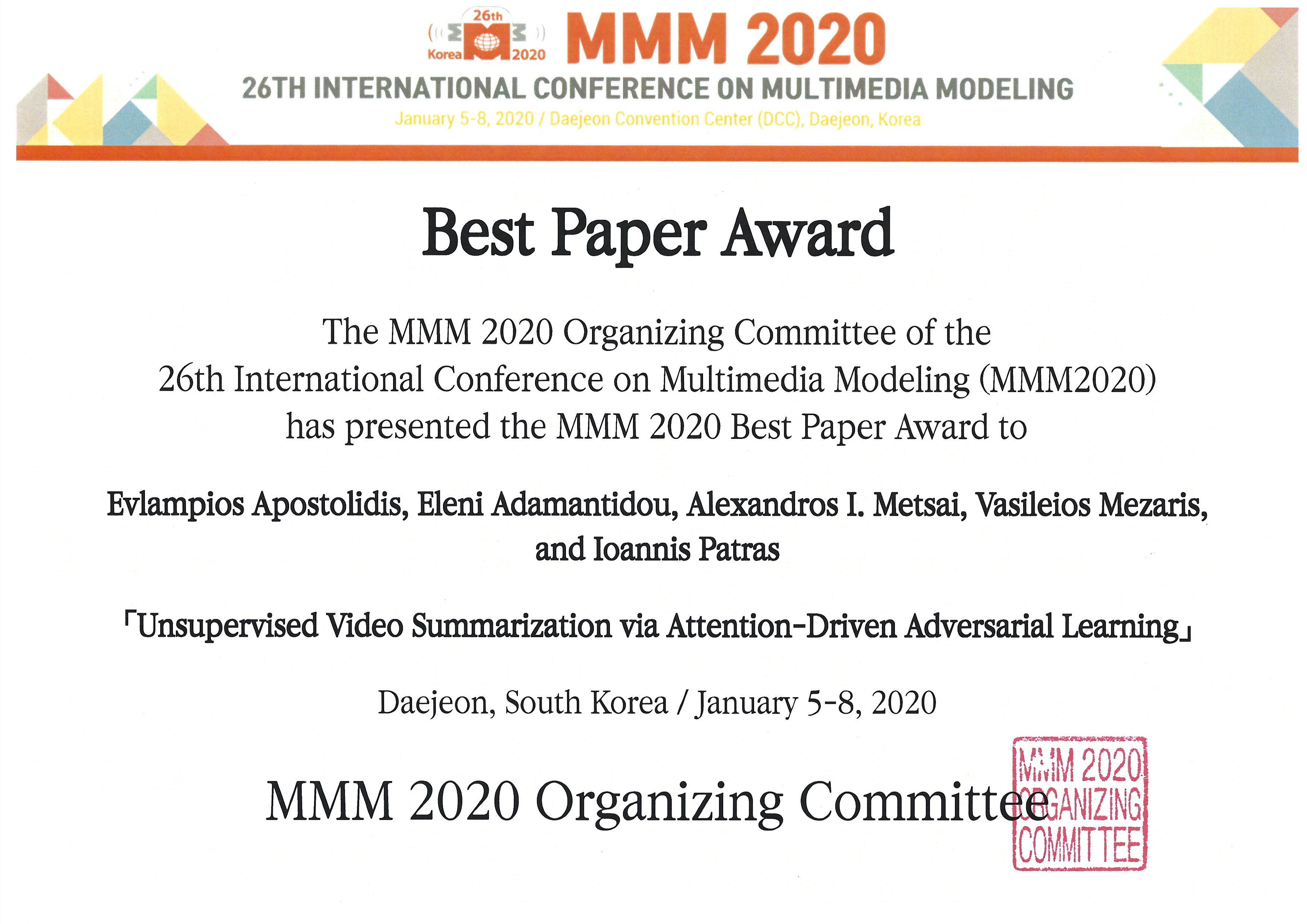 ITI/CERTH receives MMM2020 Best Paper Award 