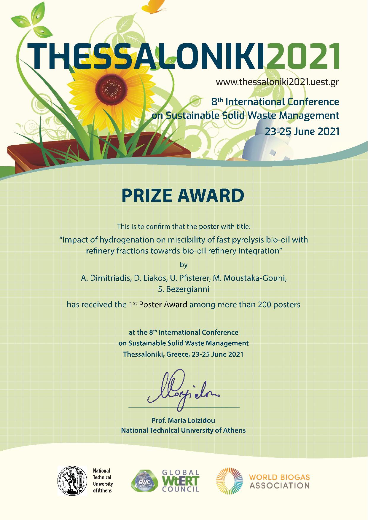 First prize awarded in CERTH/CPERI for poster presented in 8th International Conference on Sustainable Solid Waste Management<span style="COLOR: #0767b3"><br />[23 July 2021]</span>